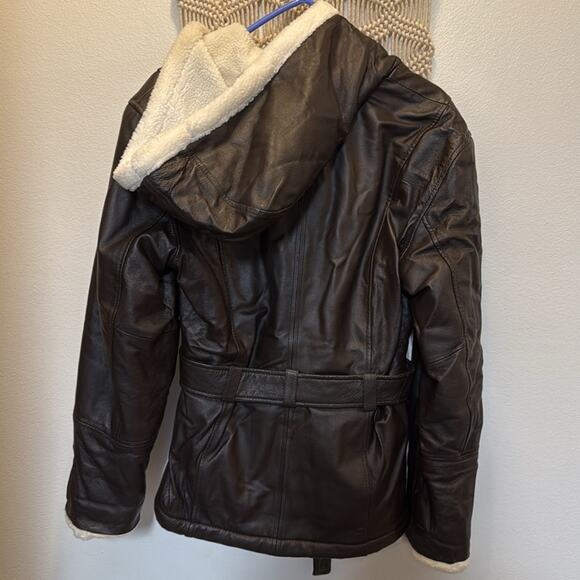 Wilson’s leather hooded parka belted bomber jacket size S dark brown - Picture 5 of 6